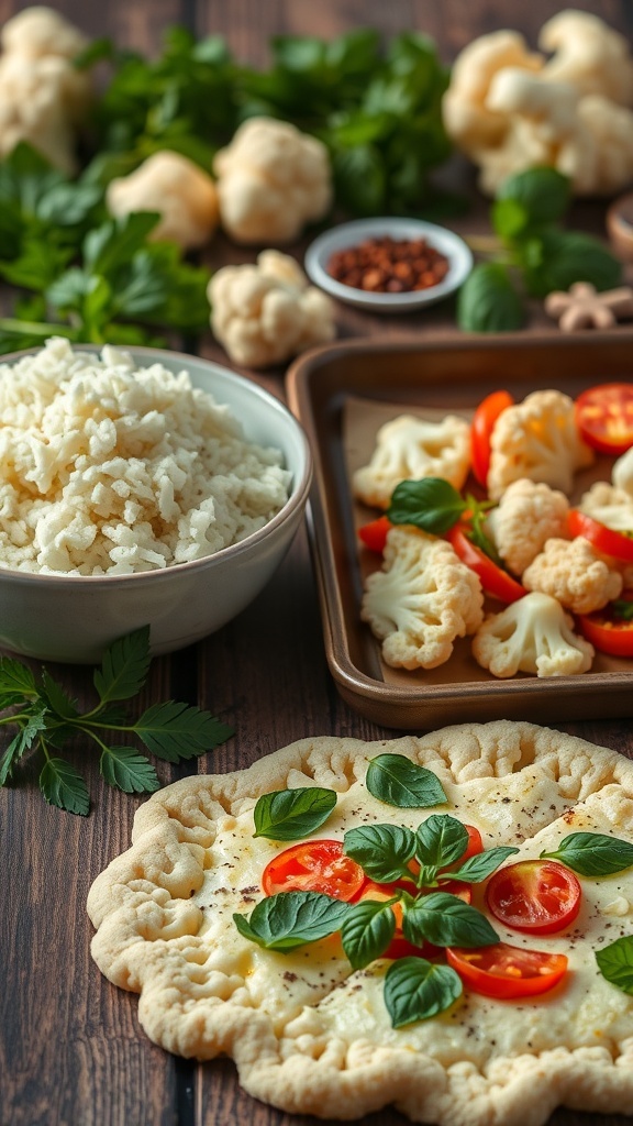 A variety of cauliflower dishes including riced cauliflower, roasted florets, and cauliflower pizza crust on a wooden table.